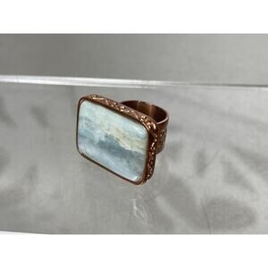 Rectangle Aquamarine Statement Ring Copper Etched & Signed Size 5.5-5.75